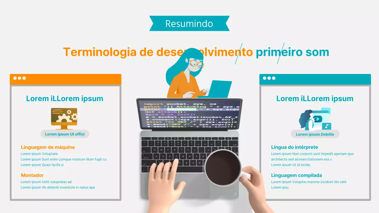 Tema de desenvolvimento linguístico com uma combinação de ilustrações 2D e 3D cor de laranja-turquesa