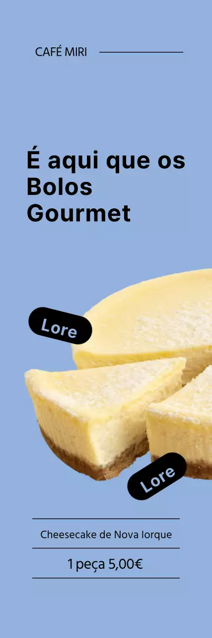 Promover um menu simples de cheesecake com um fundo azul claro
