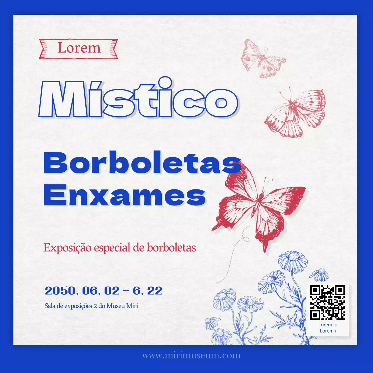 Exposição de espécimes de borboletas de conceito retro em azul e vermelho
