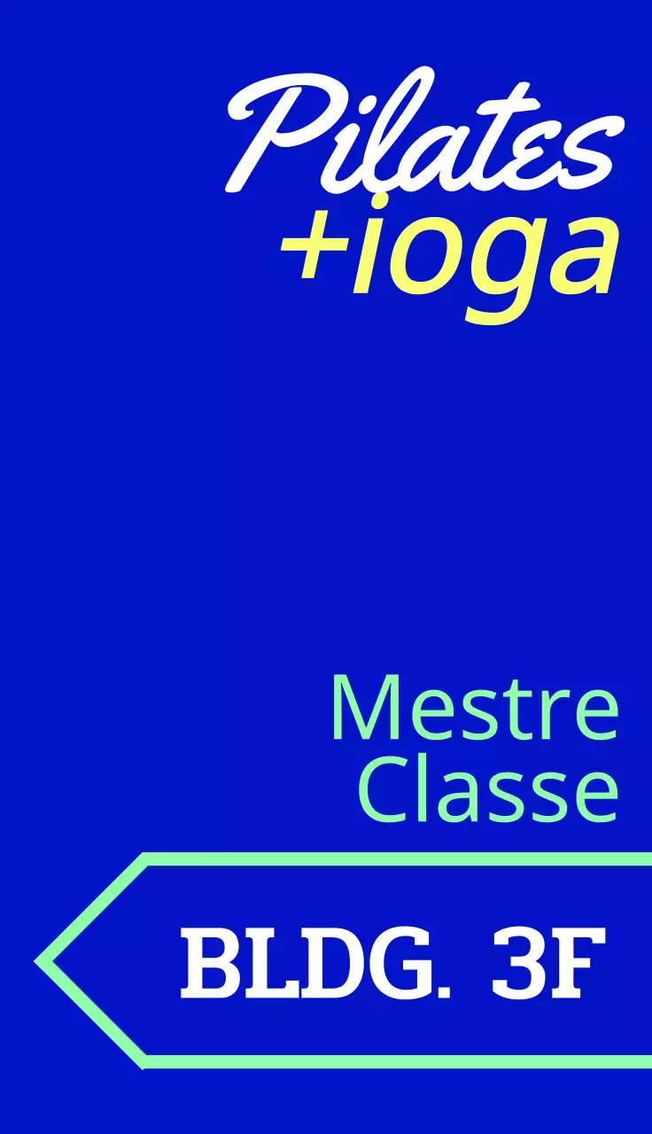 Um cartaz promocional moderno com texto colorido relacionado com yoga e pilates e formas de setas.