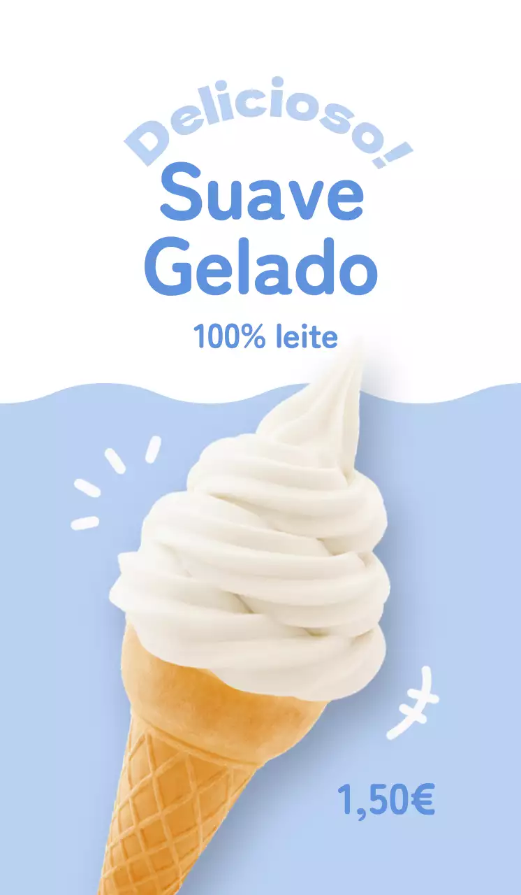 Promover um menu simples e giro com gelado branco sobre um fundo azul claro