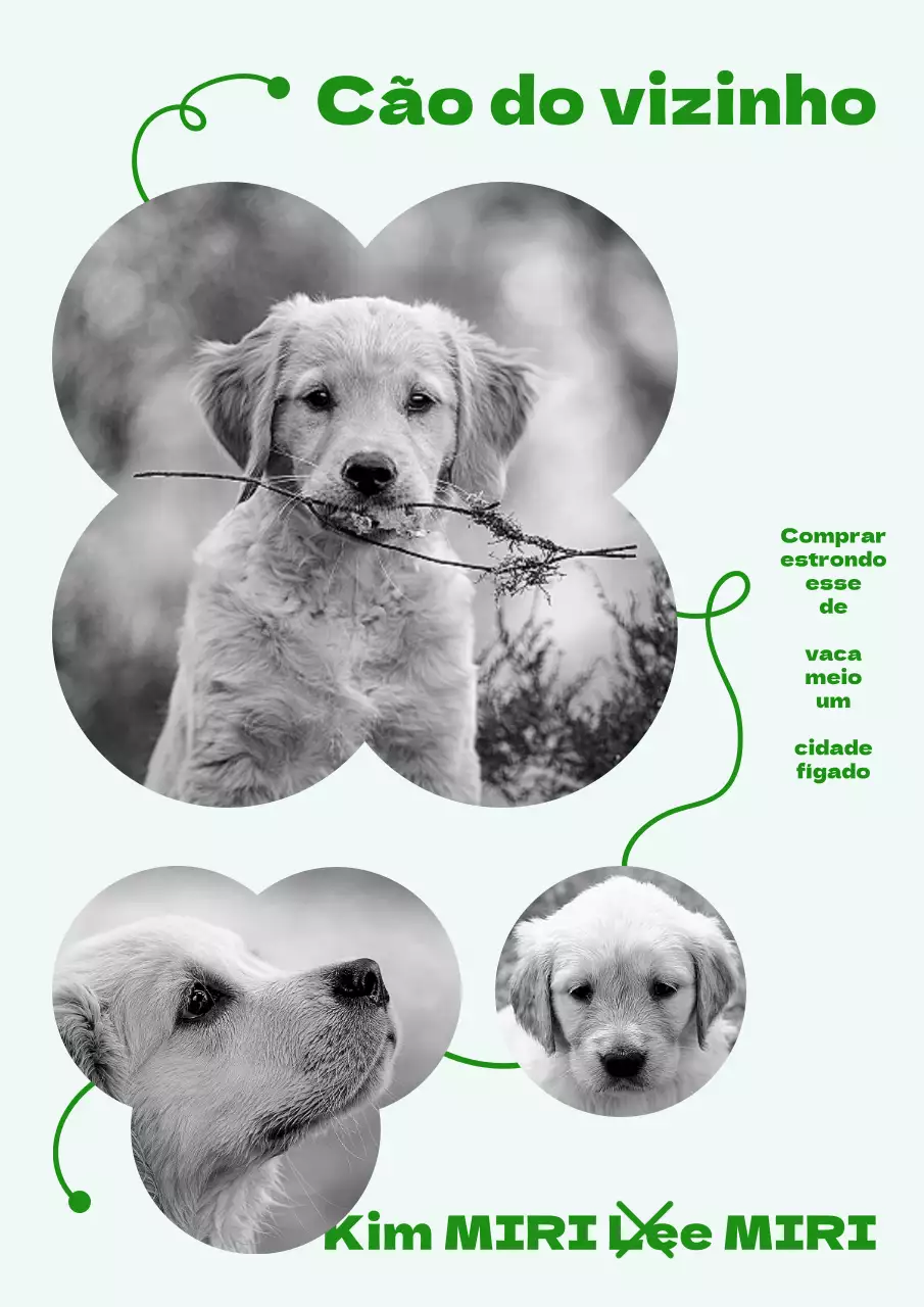 Quadro redondo giro conceito história de um cachorro em verde e preto e branco