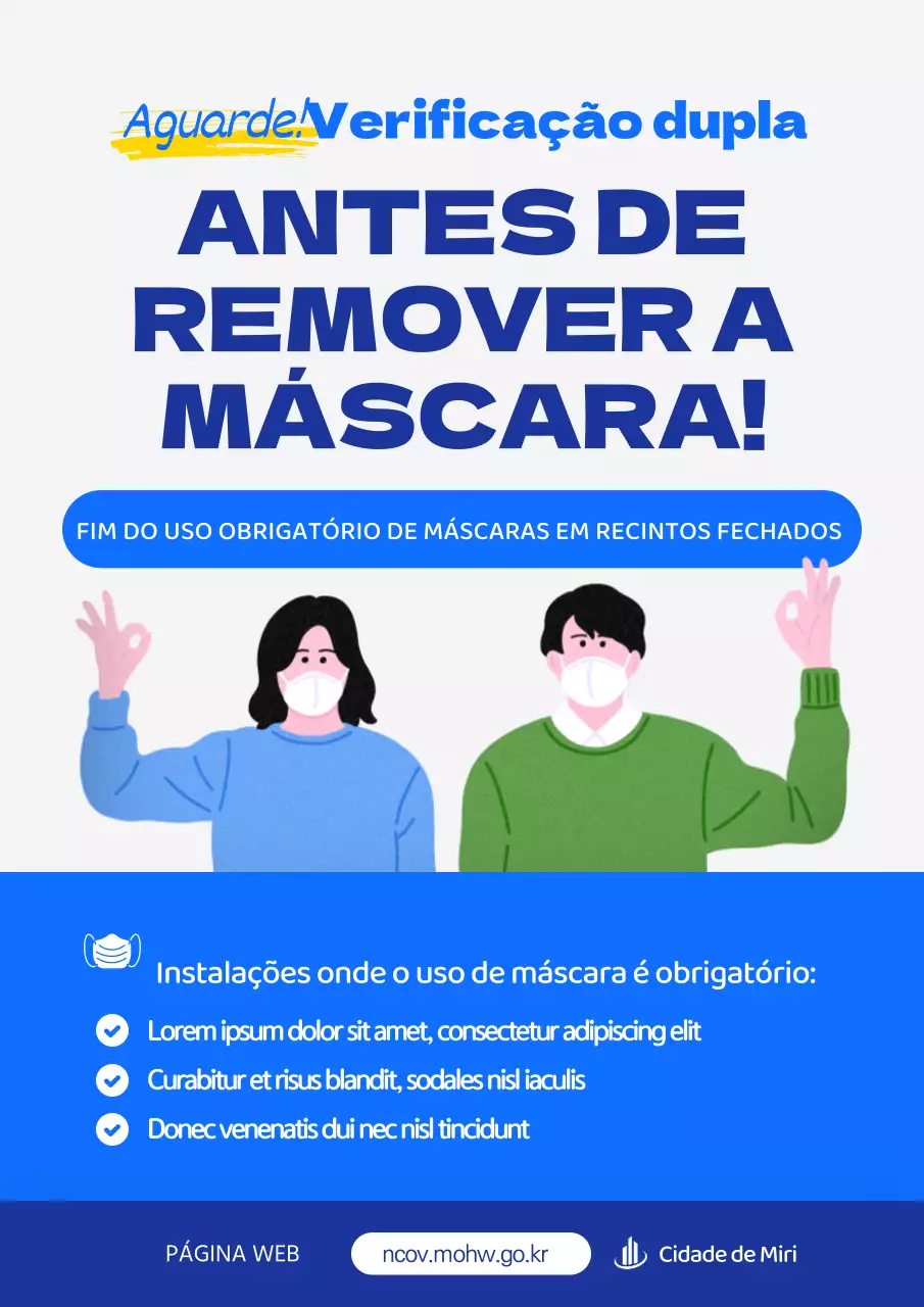 Um lembrete limpo, azul e ilustrado de que as máscaras não são obrigatórias.