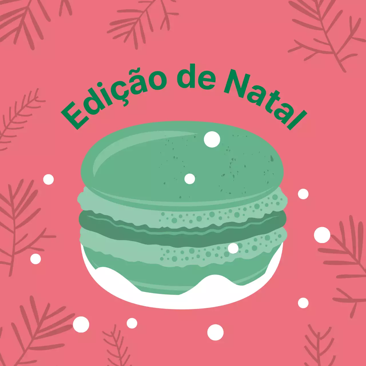 Rótulo de macaron de sobremesa de café de Natal com ilustração verde e cor-de-rosa