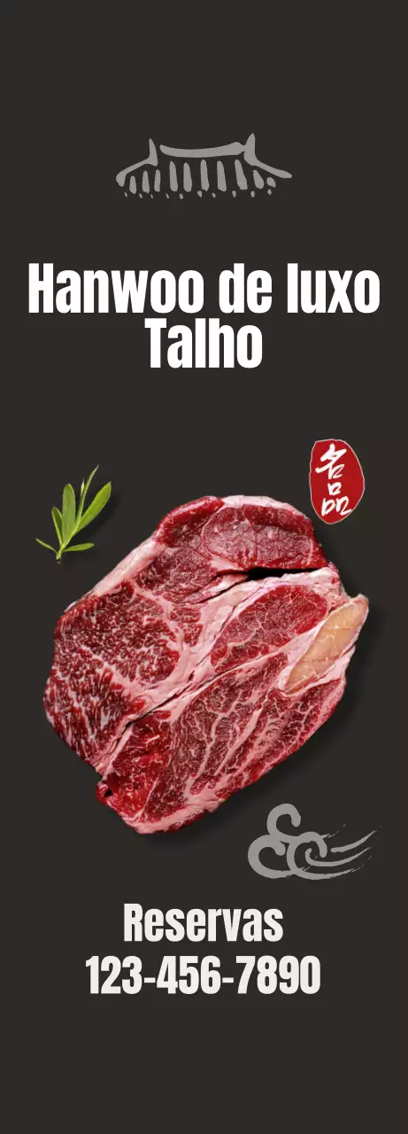 Promover um restaurante limpo de inspiração coreana com imagens de carne de vaca coreana num fundo preto