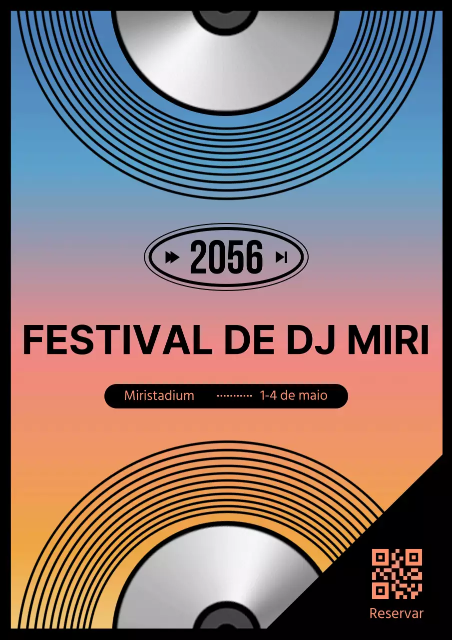 Festival de DJ a destacar CDs num fundo com gradiente de céu e laranja