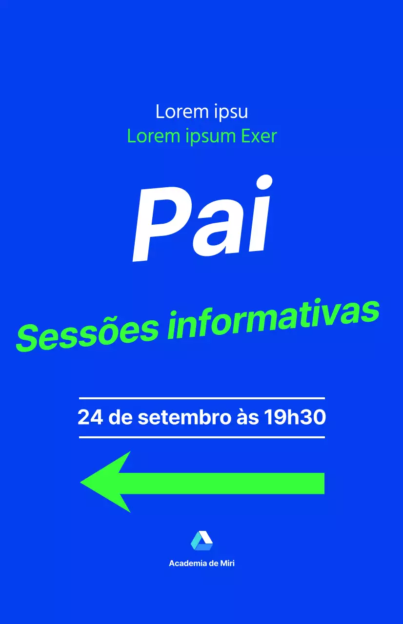 Sessão de informação aos pais de uma academia para alunos do ensino secundário, com texto realçado a azul e cores fluorescentes.