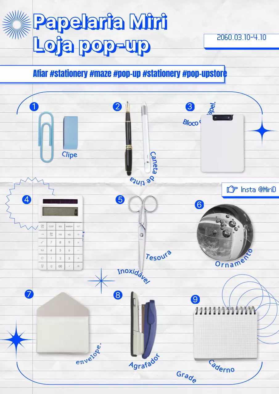 Material promocional da loja pop-up de artigos de papelaria da moda em branco e azul