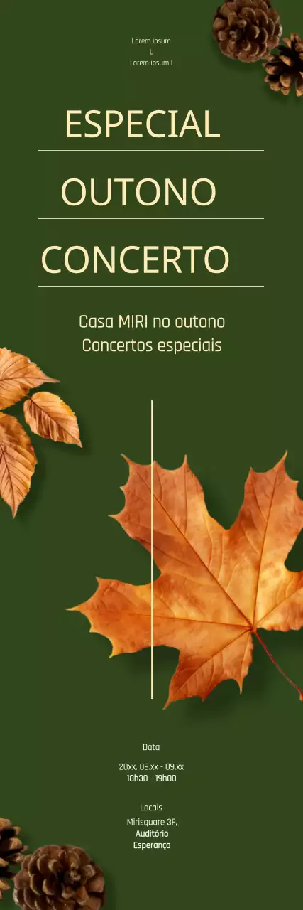 Promover um evento de concerto de outono com folhas a cair sobre um fundo verde