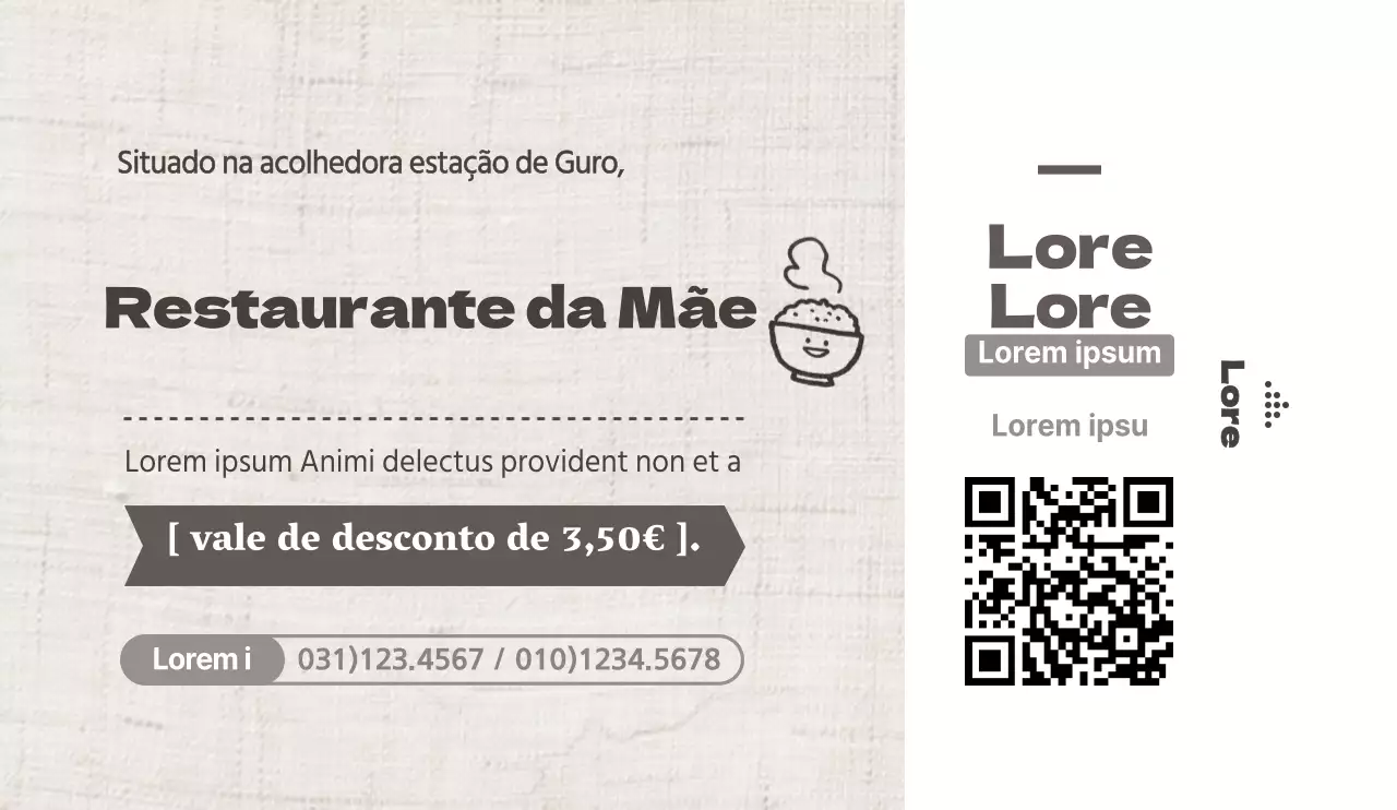 Conceito de cupão de desconto a castanho e branco, simples e limpo, para promoção e informação de restaurantes