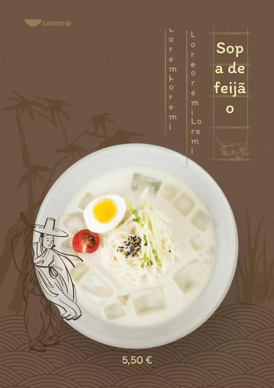 Menu de verão com fundo castanho escuro e ilustrações orientais