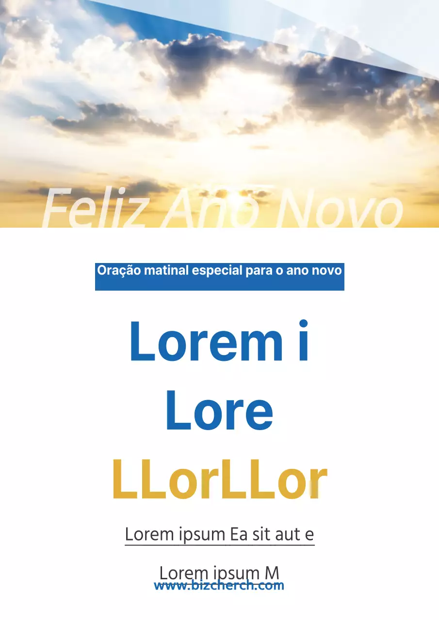 Promover a oração especial da manhã de Ano Novo de uma igreja simples com uma fotografia do céu azul e amarelo