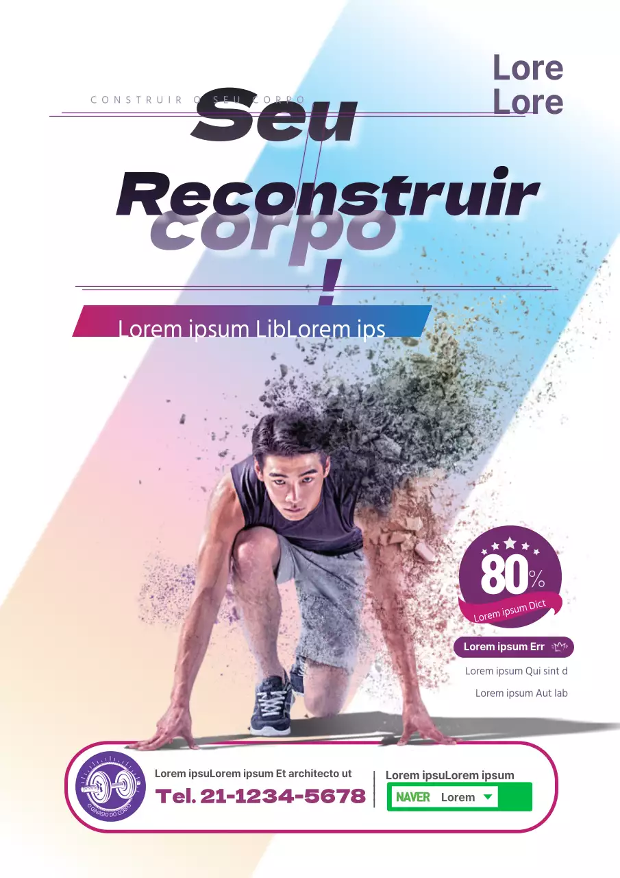 Folheto promocional de um evento de fitness colorido a roxo e branco