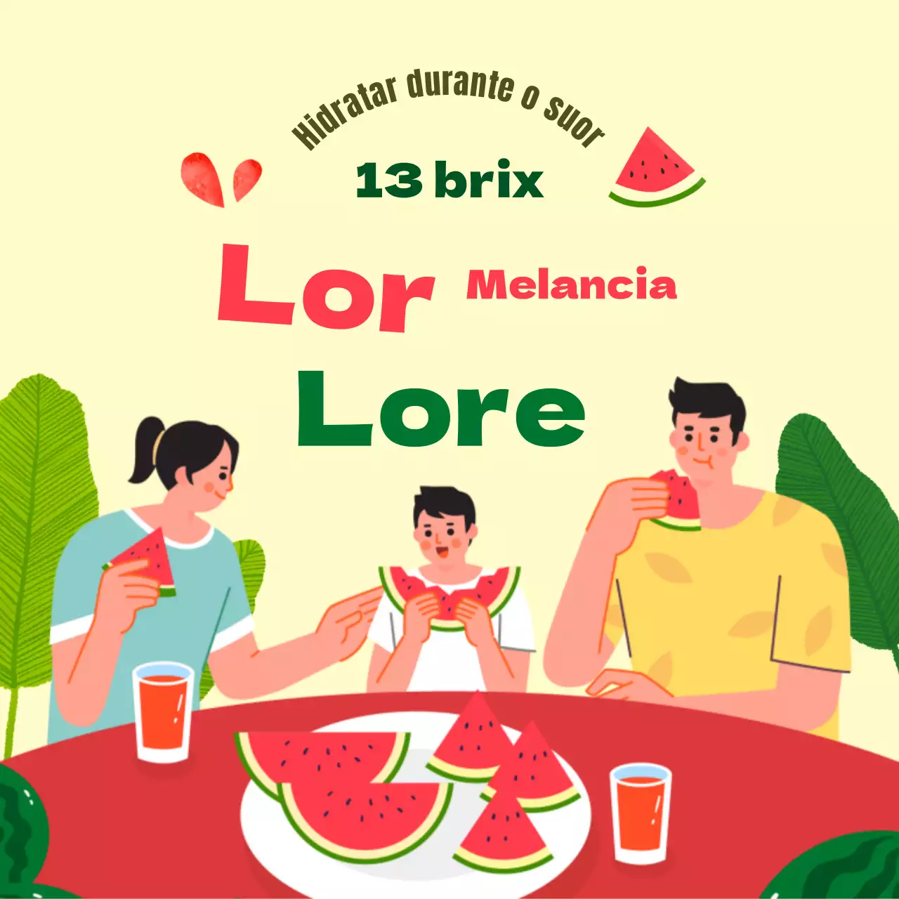 Desenho promocional de melancia verde-vermelha com alto teor de açúcar