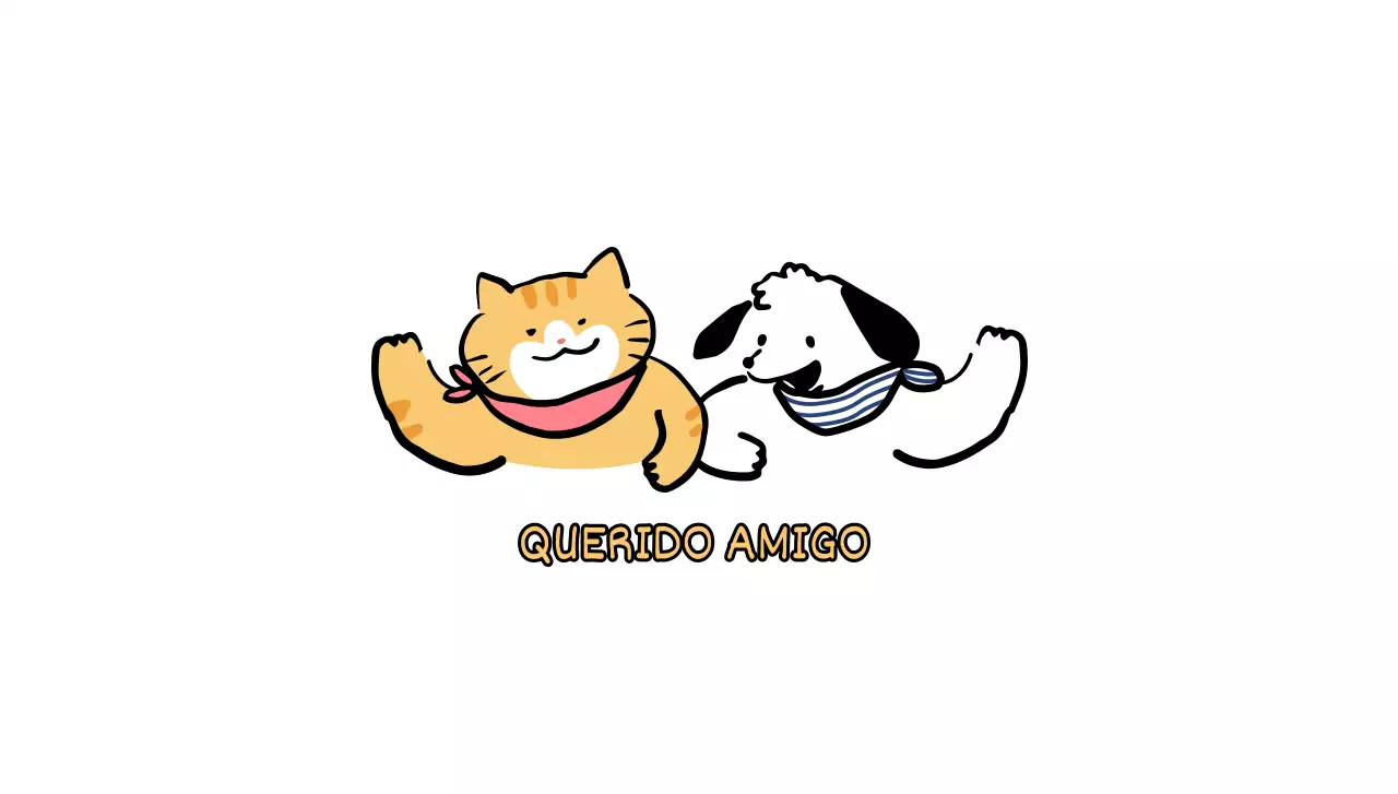 Desenho com ilustrações a traço de gatos e cães giros a dizer olá em cores diferentes