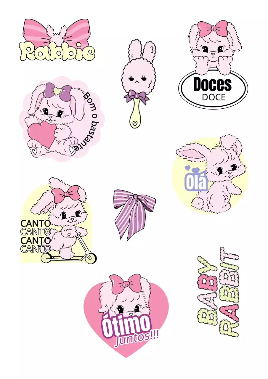 Autocolantes de personagens de coelhinhos fofos com ilustrações de personagens em tons pastel