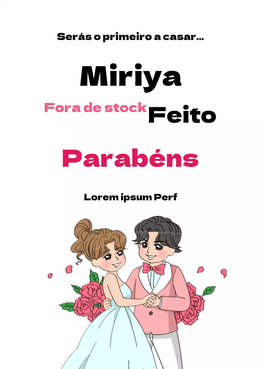 Cartaz promocional com mensagem de felicitações de casamento em cor-de-rosa e branco