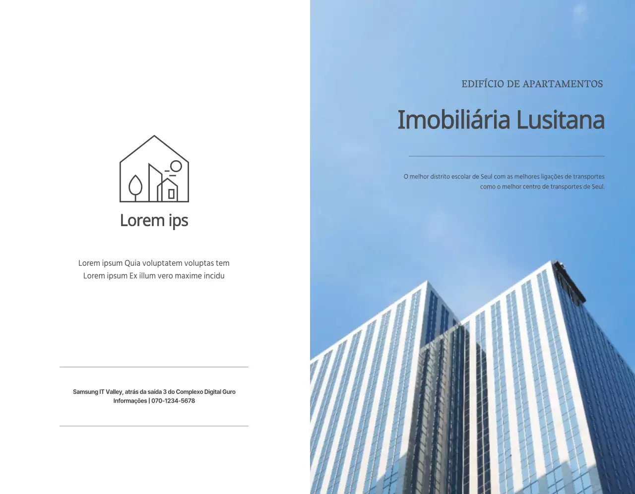 Um biz simples com texto e imagens em cinzento escuro para promover o sector imobiliário.
