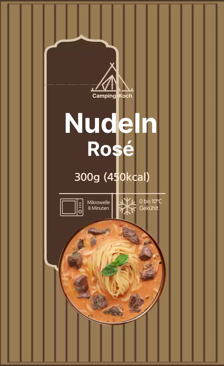 Braunes elfenbeinfarbenes Foto Rosé Nudeln kochen Etikett
