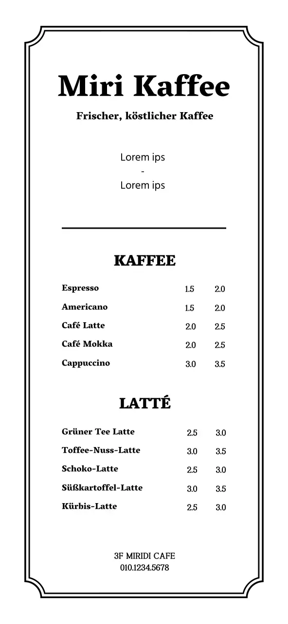 Einfacher, sauberer Stil Café-Menü Preise in weiß und schwarz