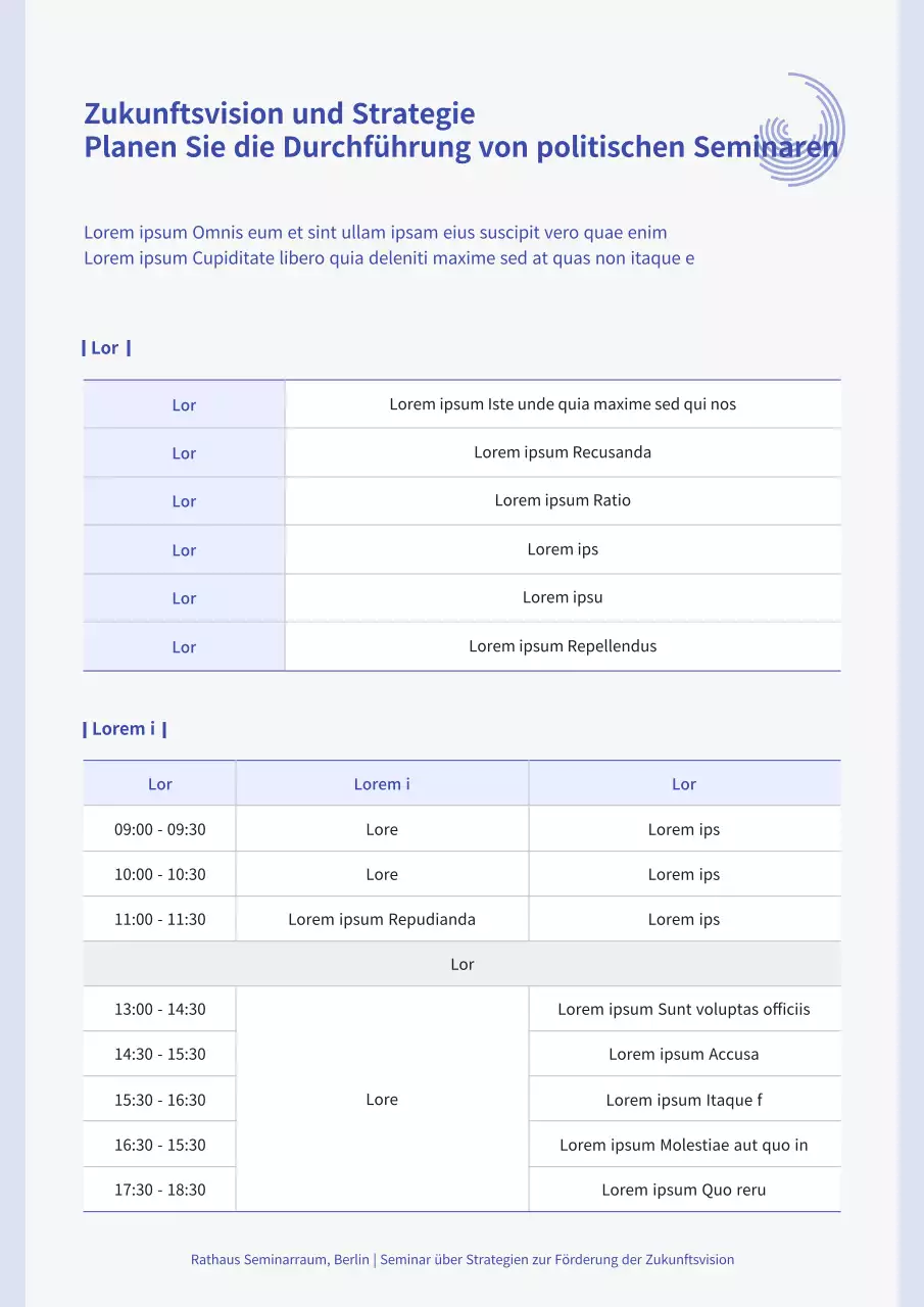Ein sauberer, blau gefärbter Seminarlehrplan