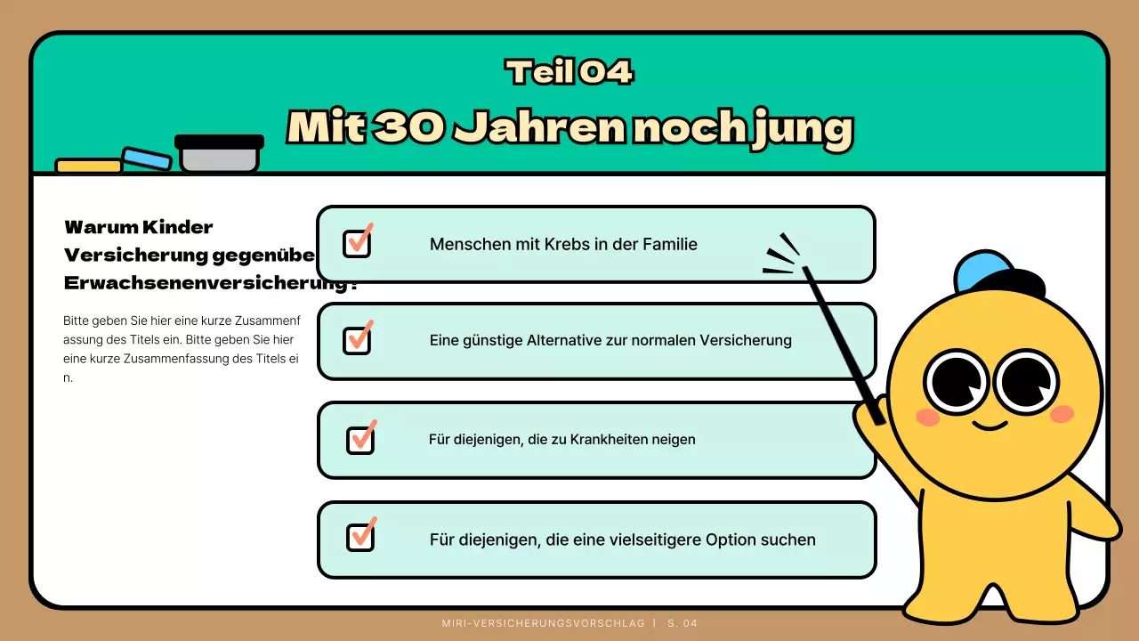 Türkis Niedlicher Charakter Kind Versicherung Vorschlag Präsentation