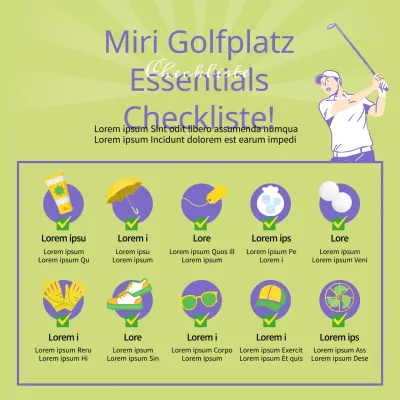 Checkliste für die wichtigsten Golfplätze, illustriert in Chartreuse und Lila.