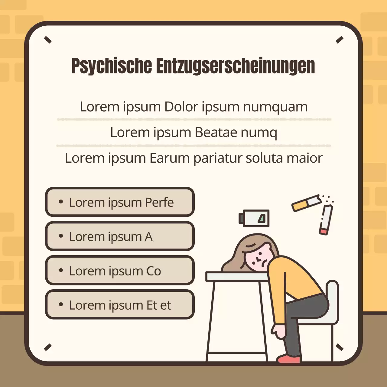 Niedliche gelbe und braune Illustration von Rauchentzugssymptomen