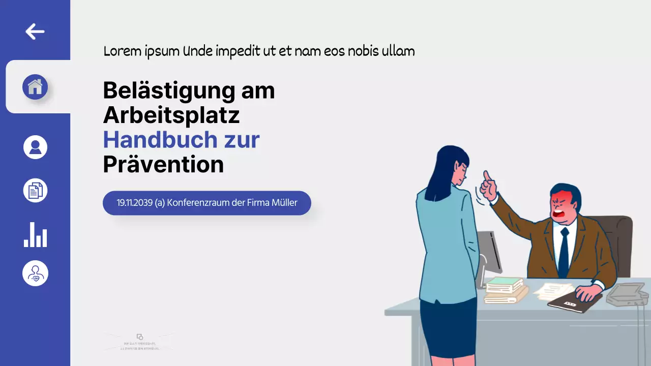 Schulung zur Prävention von Belästigung am Arbeitsplatz in einem blauen, übersichtlichen UI-Dashboard-Thema
