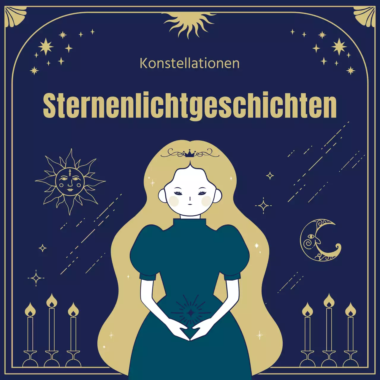 Die Ursprünge und Horoskope der Sterne in mystischen Tarotkarten-Illustrationen in Marineblau und Gold