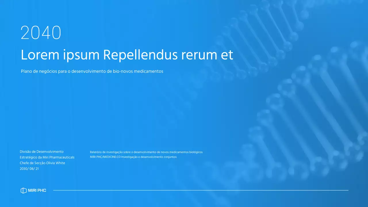 Um plano de negócios simples, em tons de azul, para uma empresa farmacêutica que está a desenvolver um novo medicamento.