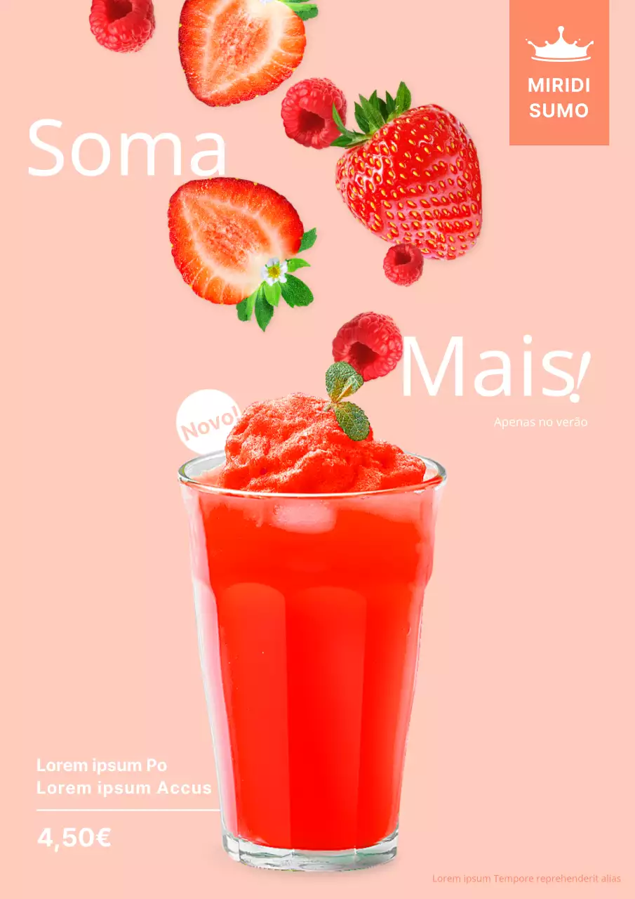 Cartaz de uma bebida de verão cor-de-rosa, refrescante, com morango e framboesa, para um café