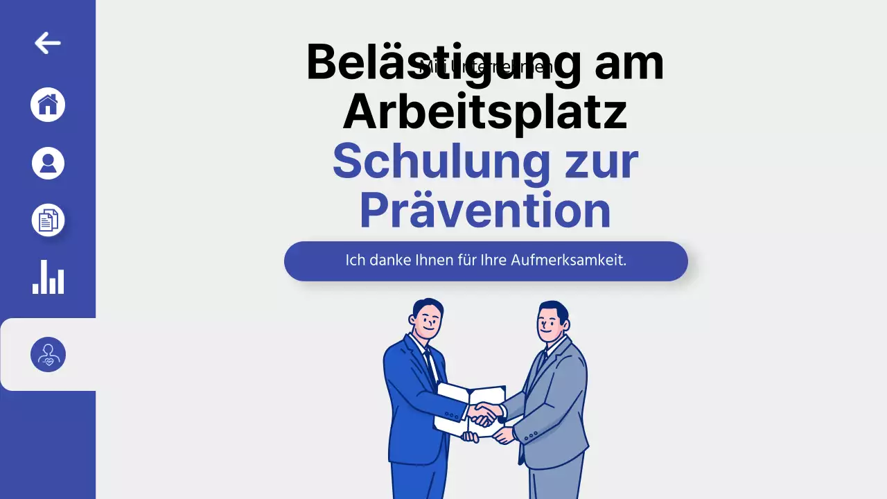 Schulung zur Prävention von Belästigung am Arbeitsplatz in einem blauen, übersichtlichen UI-Dashboard-Thema