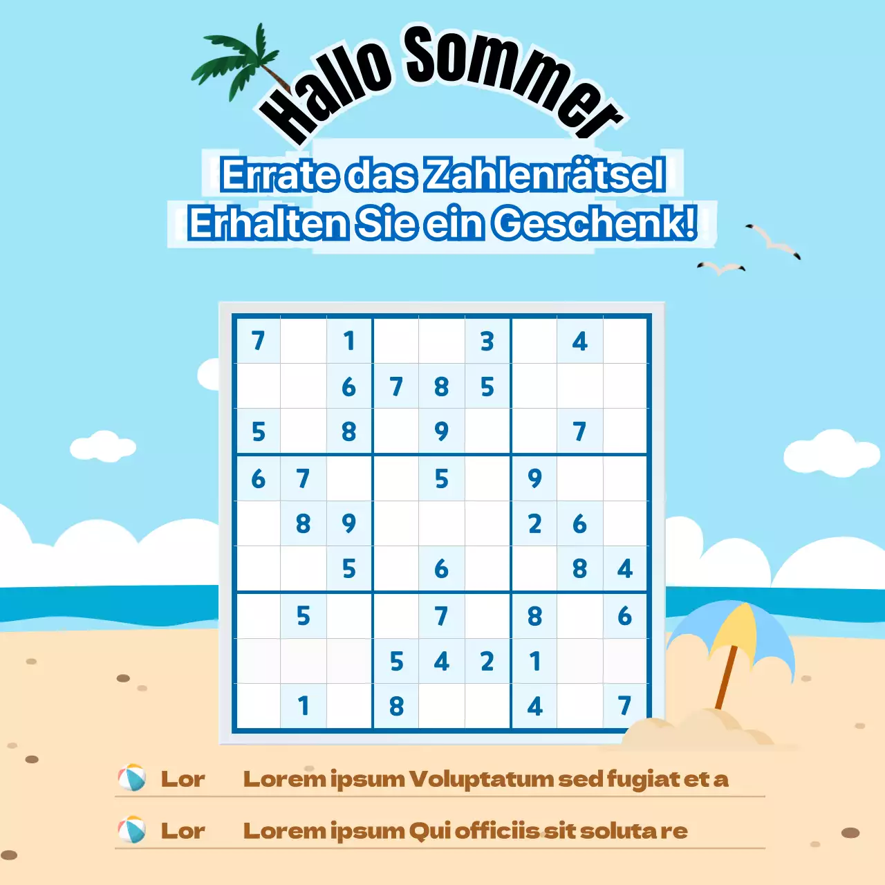 Zahlenpuzzle Event mit blauem Sommerhintergrund