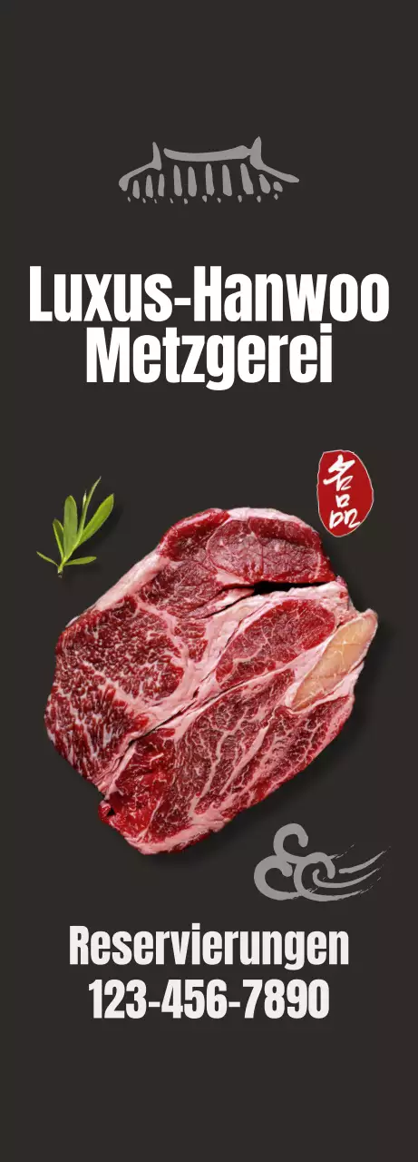 Werbung für ein sauberes, koreanisch inspiriertes Restaurant mit Bildern von koreanischem Rindfleisch auf schwarzem Hintergrund