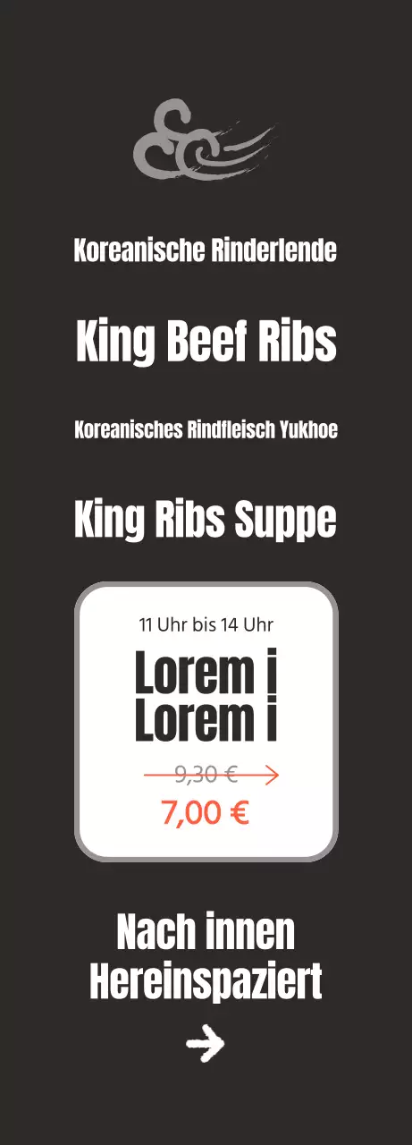 Werbung für ein sauberes, koreanisch inspiriertes Restaurant mit Bildern von koreanischem Rindfleisch auf schwarzem Hintergrund
