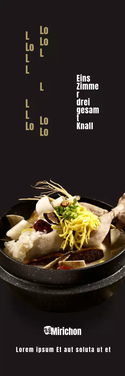 Werben Sie für ein luxuriöses Samgyetang-Menü mit einer kalligrafischen Schrift auf schwarzem Hintergrund