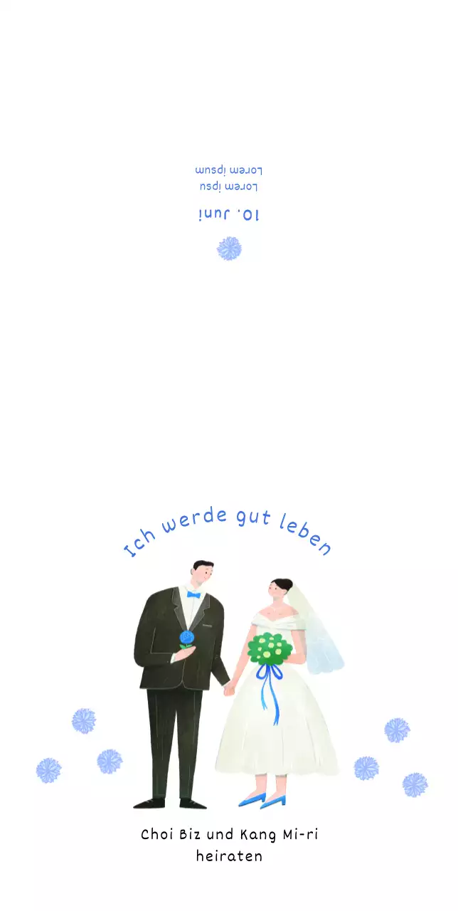 Nette und einfache Hochzeitseinladung mit Braut und Bräutigam Illustration in blauen Akzenten