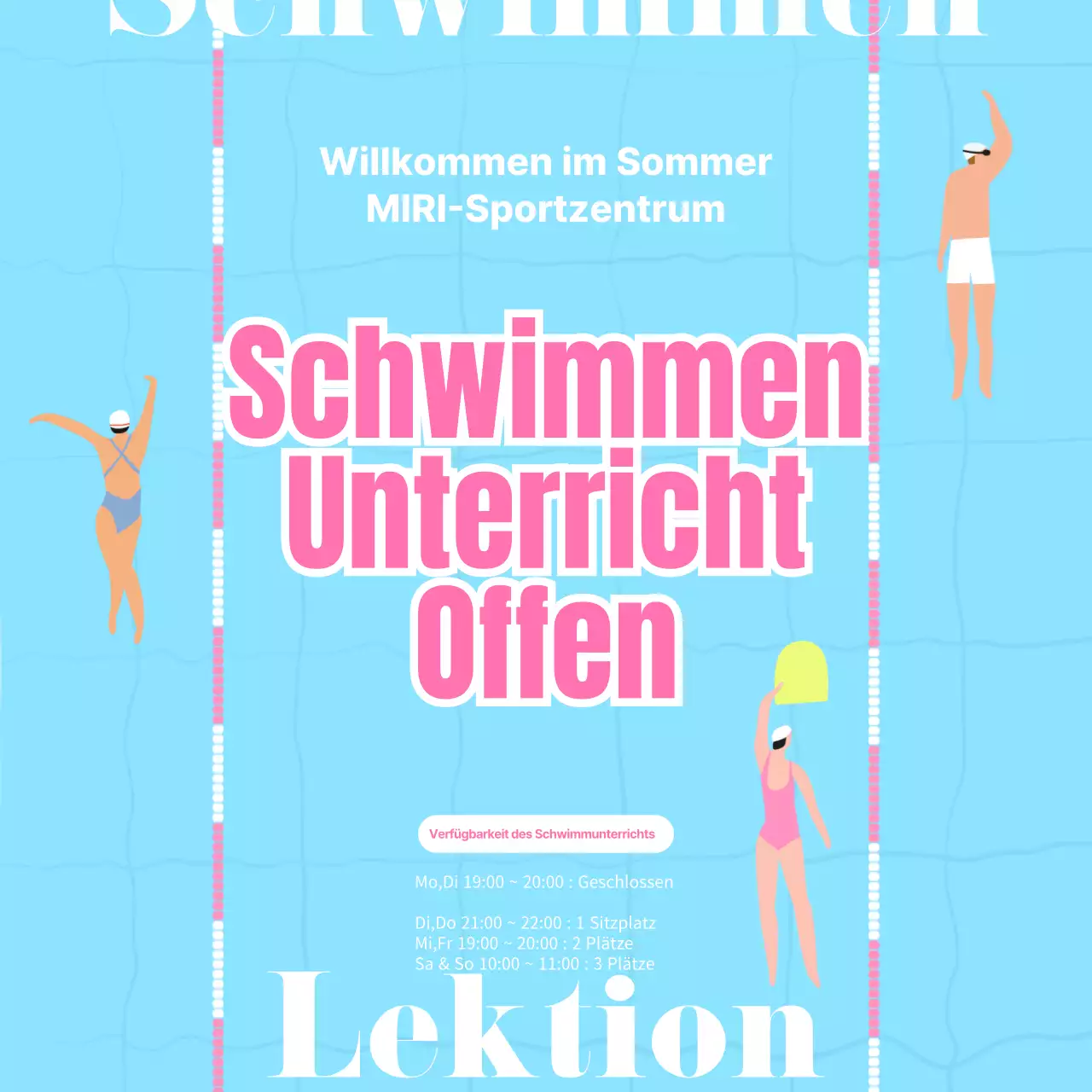 Werben Sie für den Beginn des Schwimmunterrichts mit einem blauen Hintergrund mit Draufsicht auf den Pool