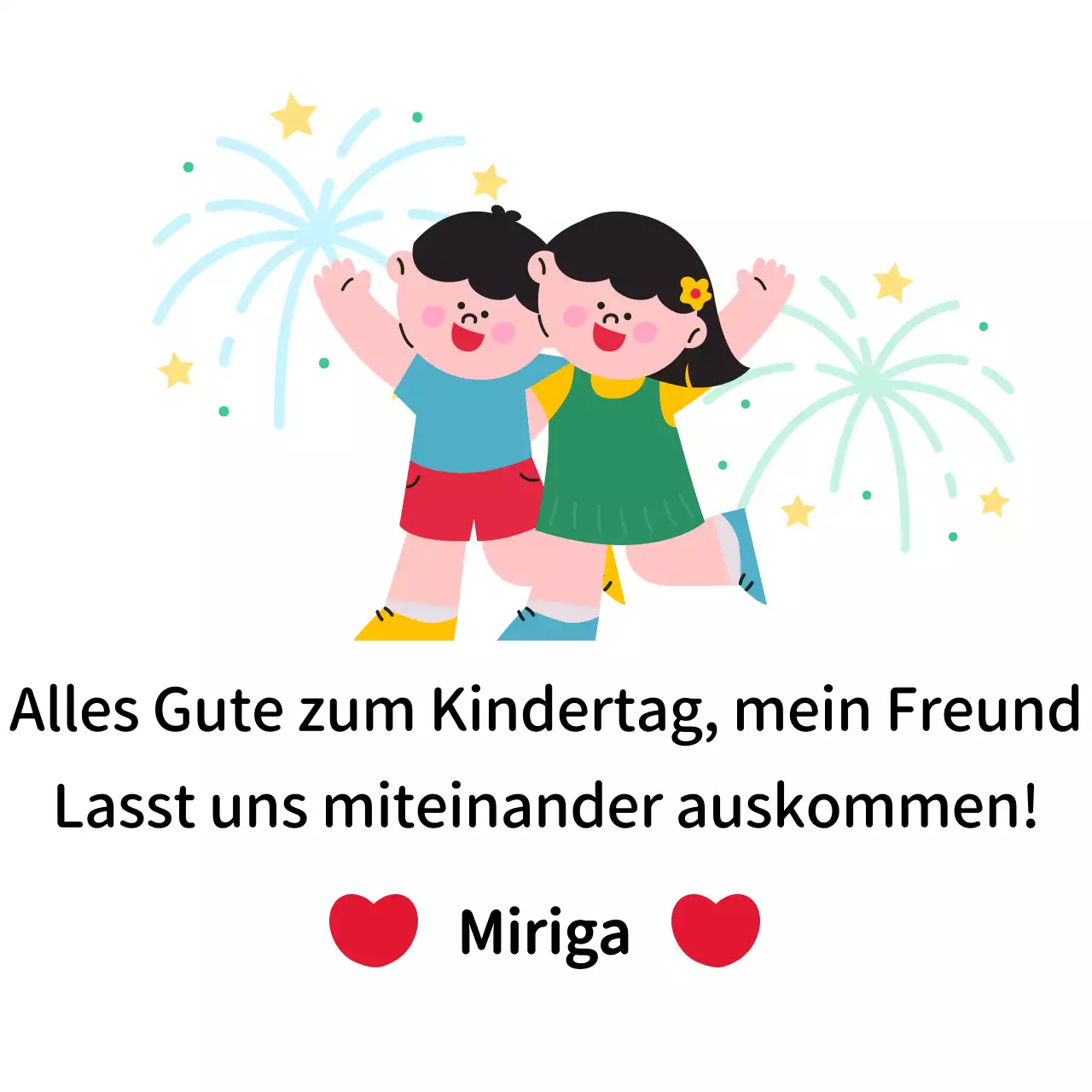 Kindertagsgruß mit Illustration eines Kindes vor einem bunten Feuerwerkshintergrund