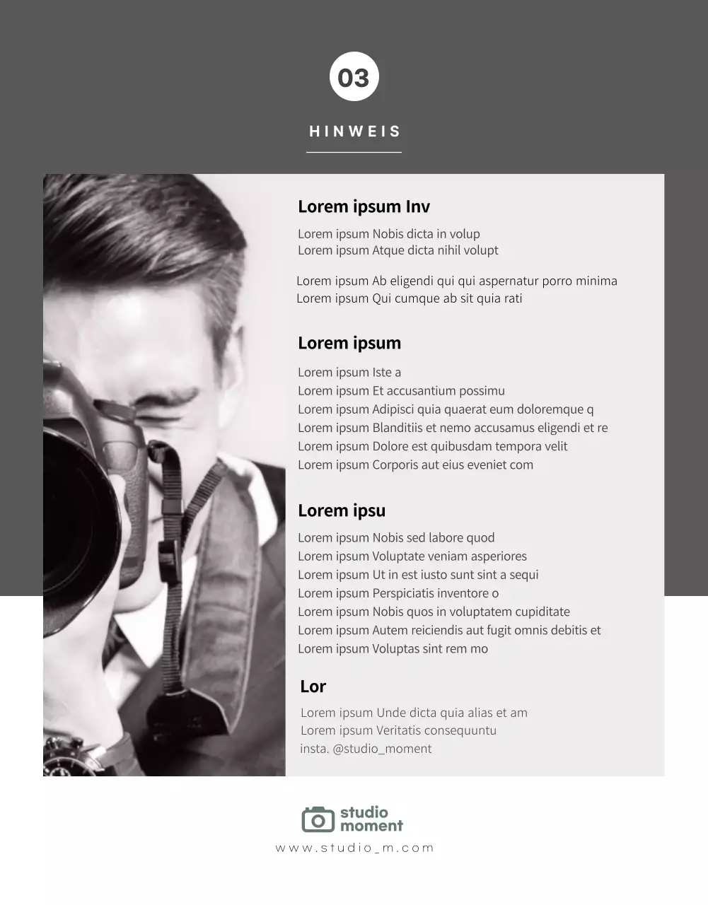 Fotostudio-Detailseite mit schwarzen und weißen Farbtönen