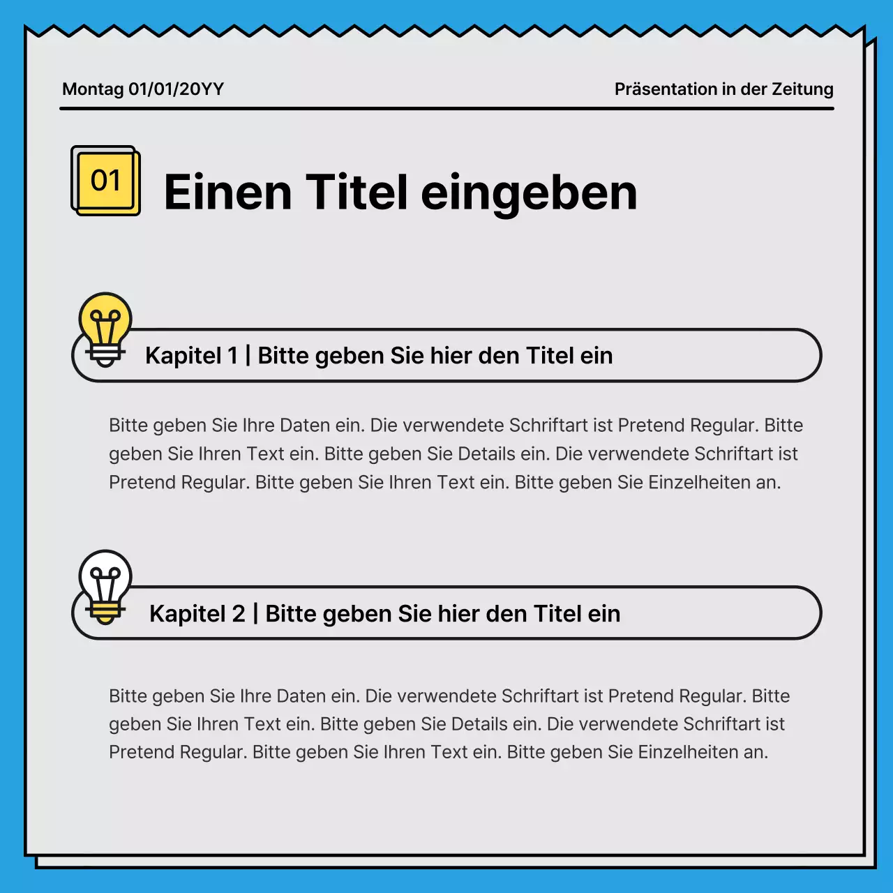 Mutige, aufmerksamkeitsstarke Karte News in einem Zeitungskonzept mit gelben und hellblauen Akzentfarben