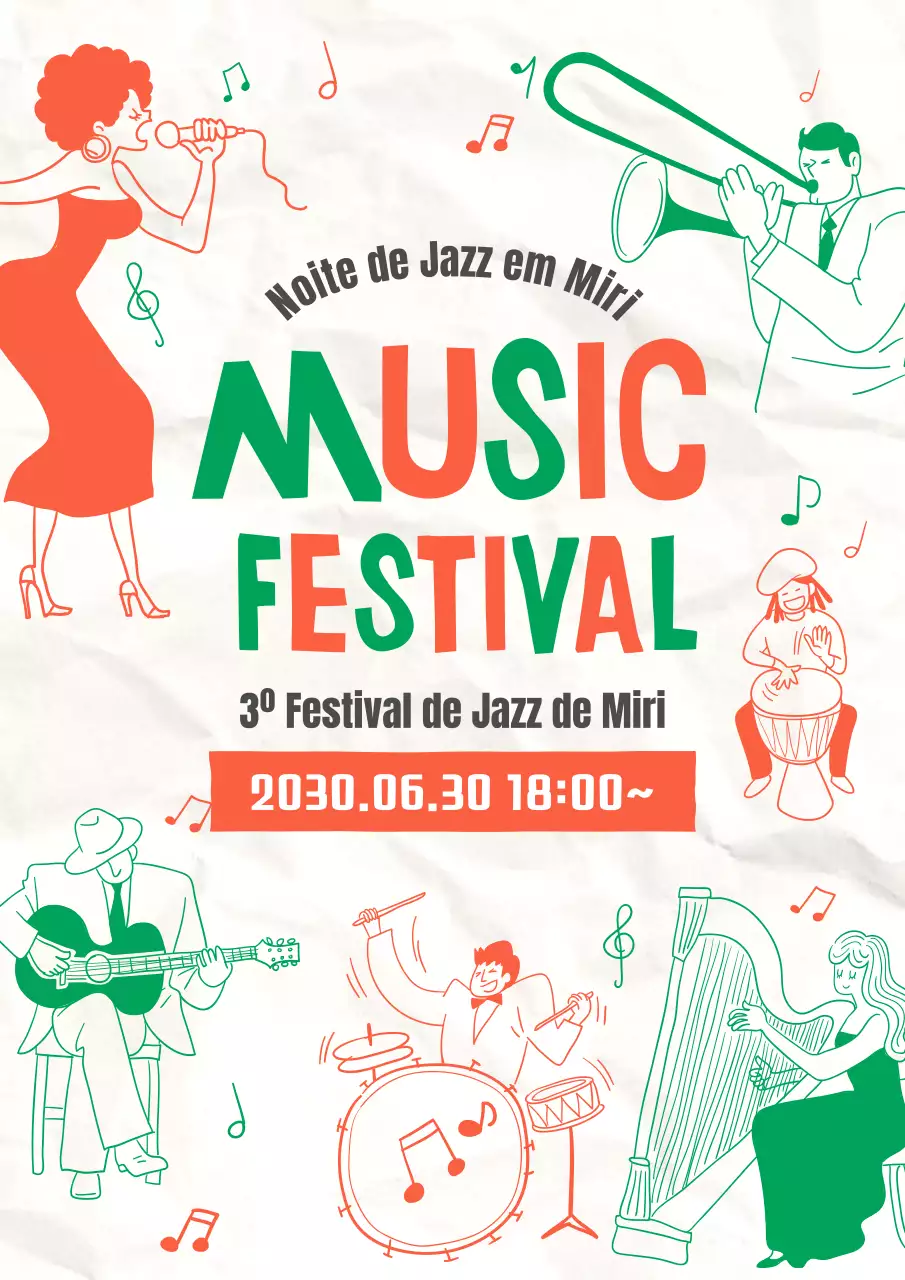 Promoção de um espetáculo de jazz com um toque ilustrativo verde-alaranjado