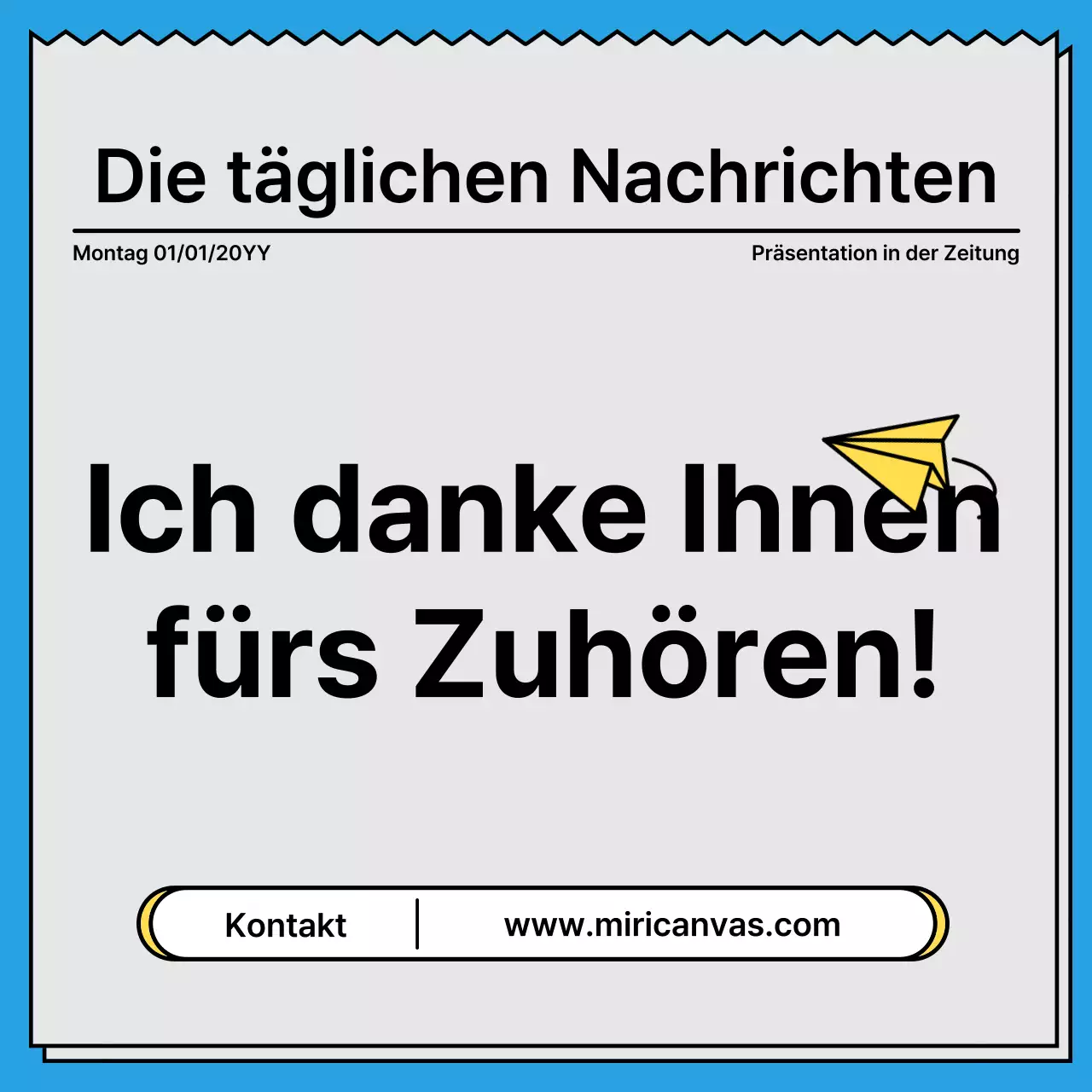 Mutige, aufmerksamkeitsstarke Karte News in einem Zeitungskonzept mit gelben und hellblauen Akzentfarben