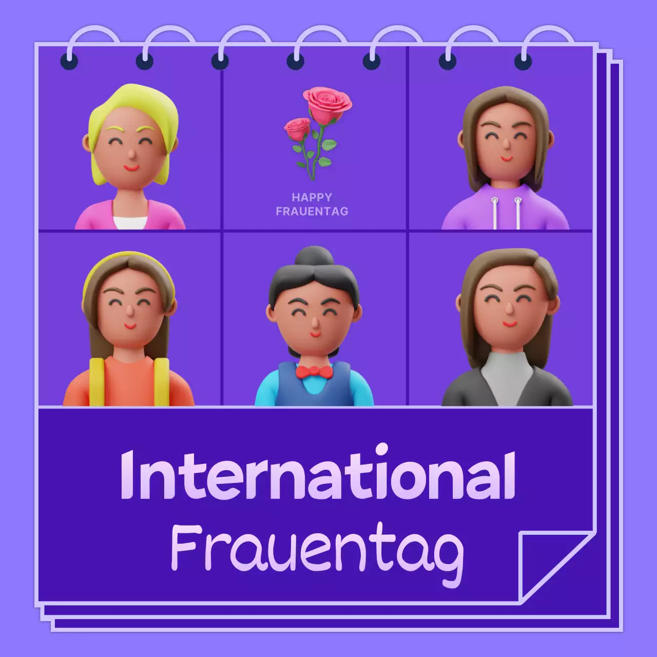 Lila Illustration von Frauen verschiedener Rassen zur Förderung des Internationalen Frauentags