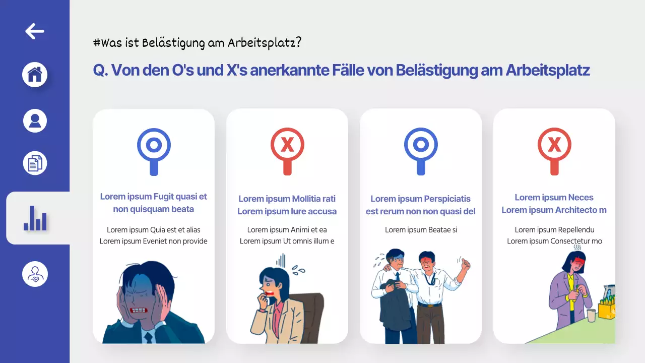 Schulung zur Prävention von Belästigung am Arbeitsplatz in einem blauen, übersichtlichen UI-Dashboard-Thema