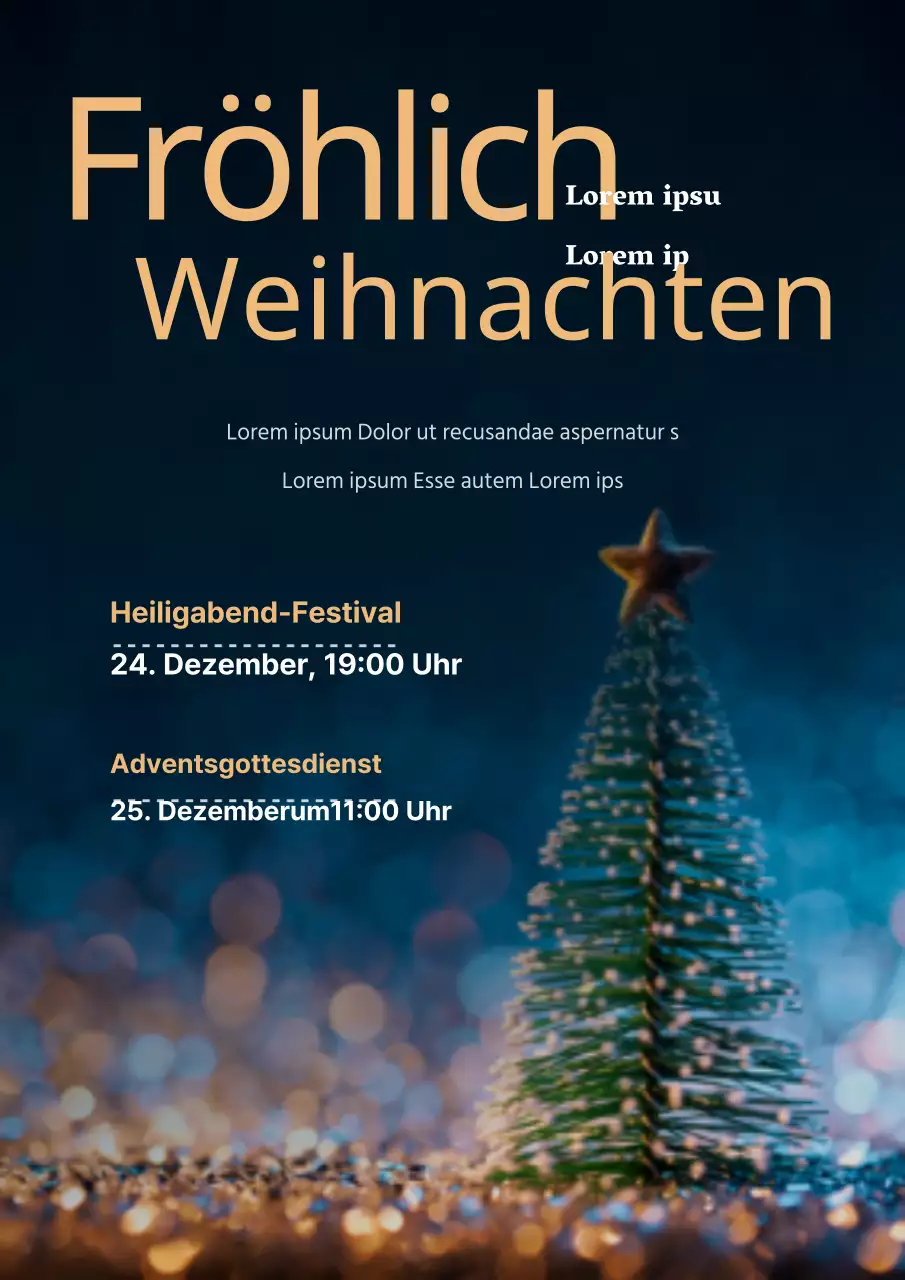Bewerben und begleiten Sie einen Weihnachtsgottesdienst in einer schlichten Kirche mit einem Foto eines marineblauen Baumes.