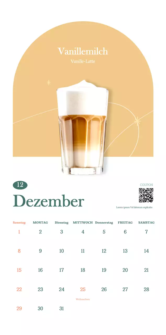 Cafe-Kalender mit Empfehlungen für das Getränk des Monats
