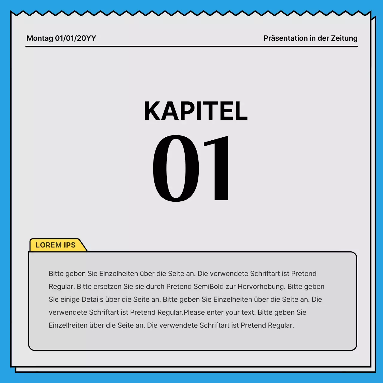 Mutige, aufmerksamkeitsstarke Karte News in einem Zeitungskonzept mit gelben und hellblauen Akzentfarben