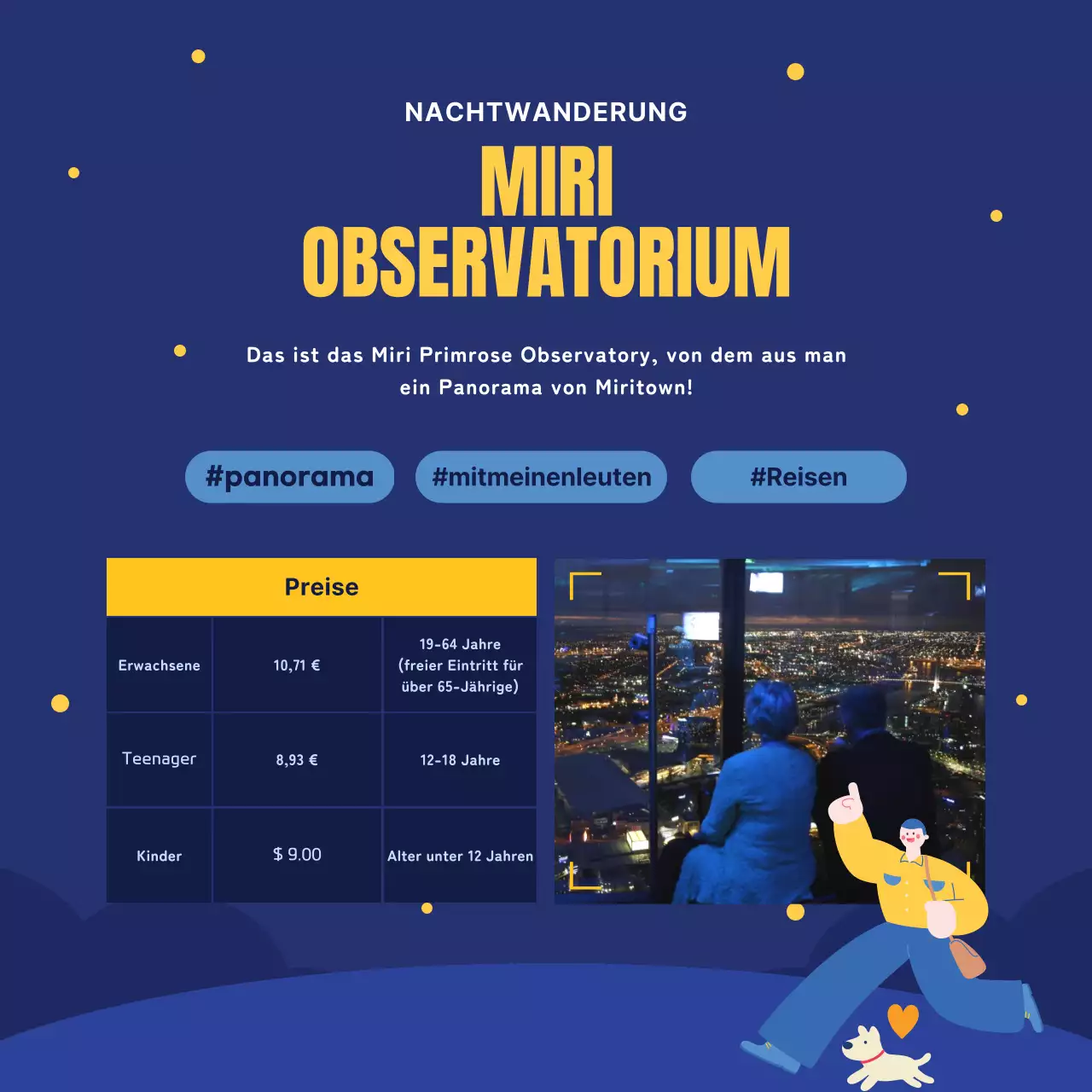 Ein Leitfaden für nächtliche Attraktionen in Marineblau und Gelb